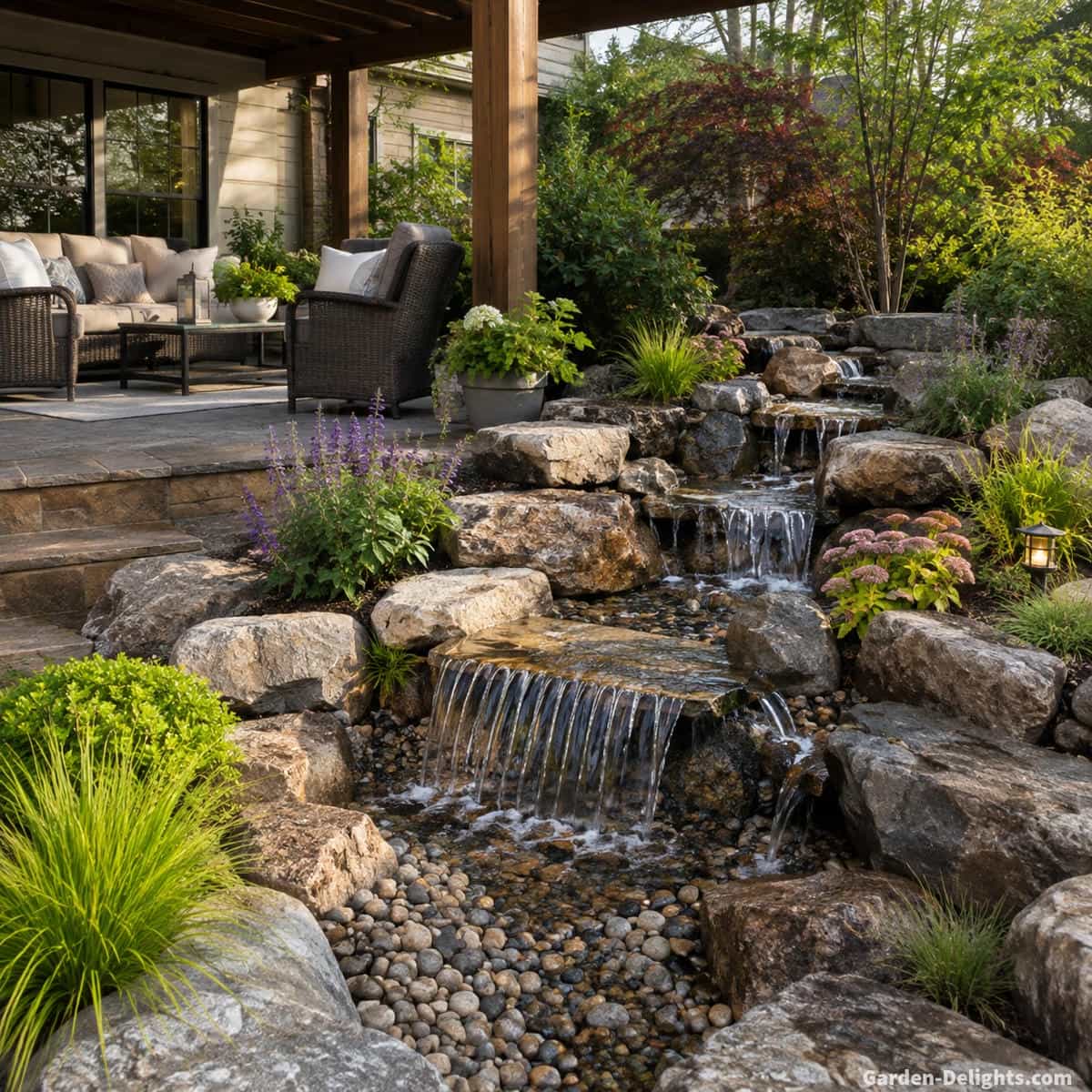 Close view of an adjustable pondless waterfall beside a covered patio showing several natural stone drops, controlled pump flow, broad and narrow water paths, gravel return area and comfortable outdoor seating