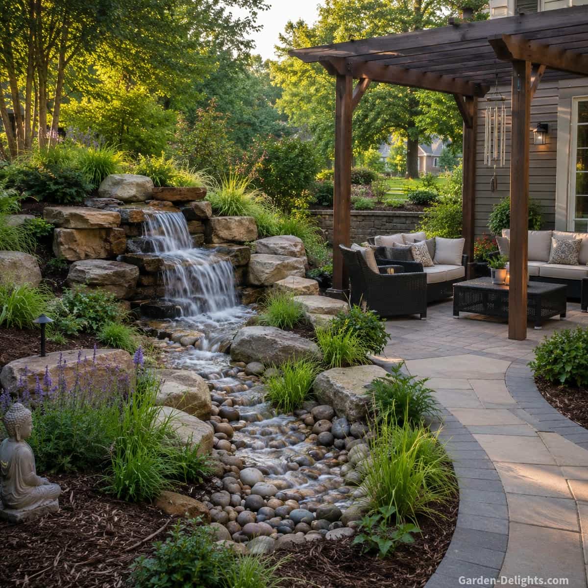 Backyard pondless fountain inspiration with natural stone waterfall, disappearing stream, pergola seating, garden path, river rock and ornamental grasses
