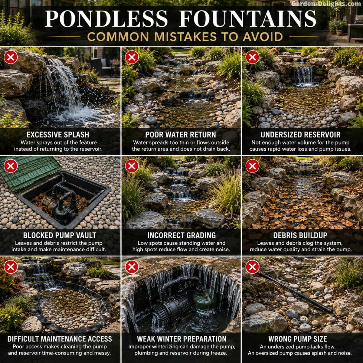 Pondless fountain troubleshooting examples showing splash loss, weak water return, reservoir problems, blocked pump access, poor grade and debris buildup