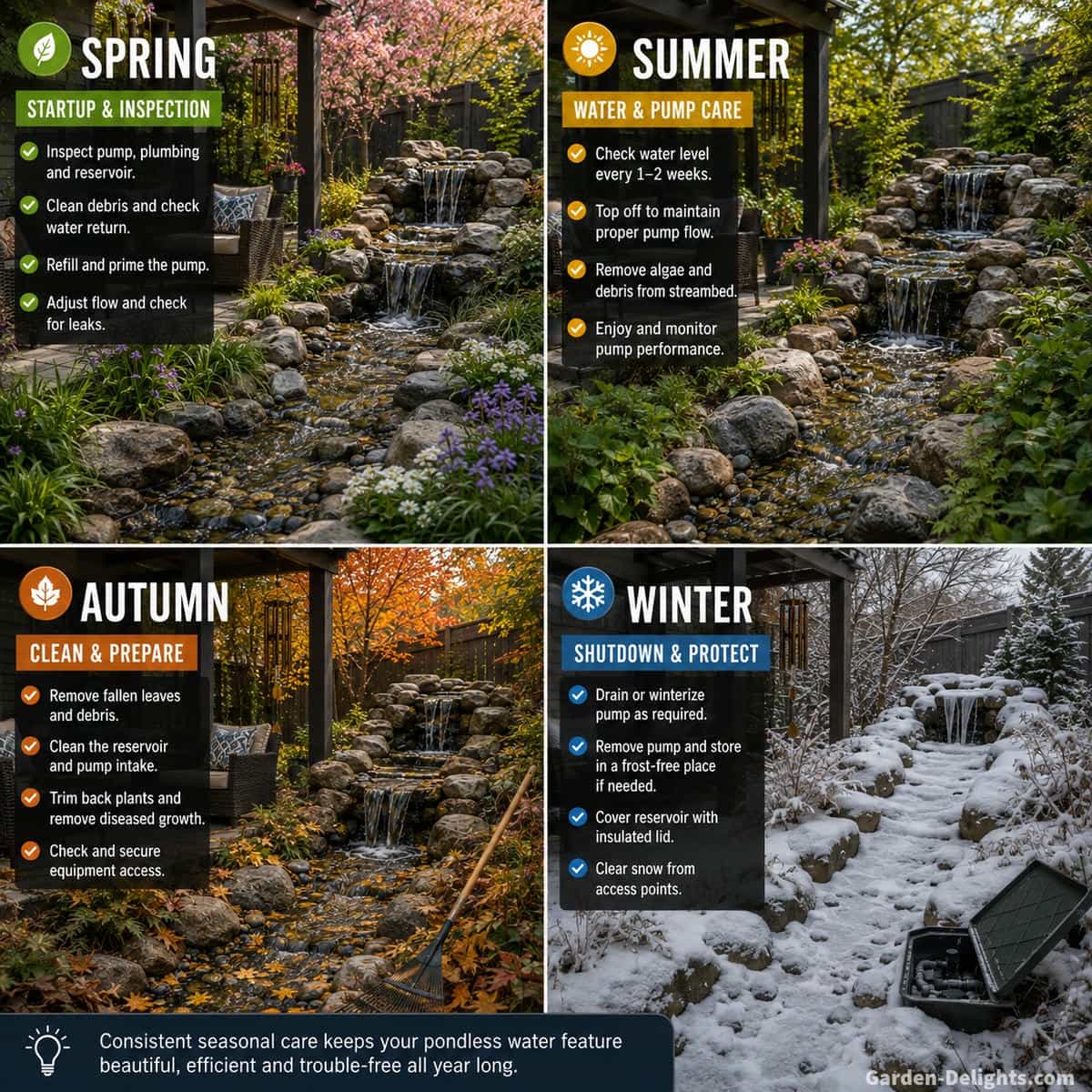 Four season pondless water feature maintenance showing spring waterfall startup, summer reservoir water checks, autumn leaf removal and winter preparation around a disappearing stream and hidden reservoir