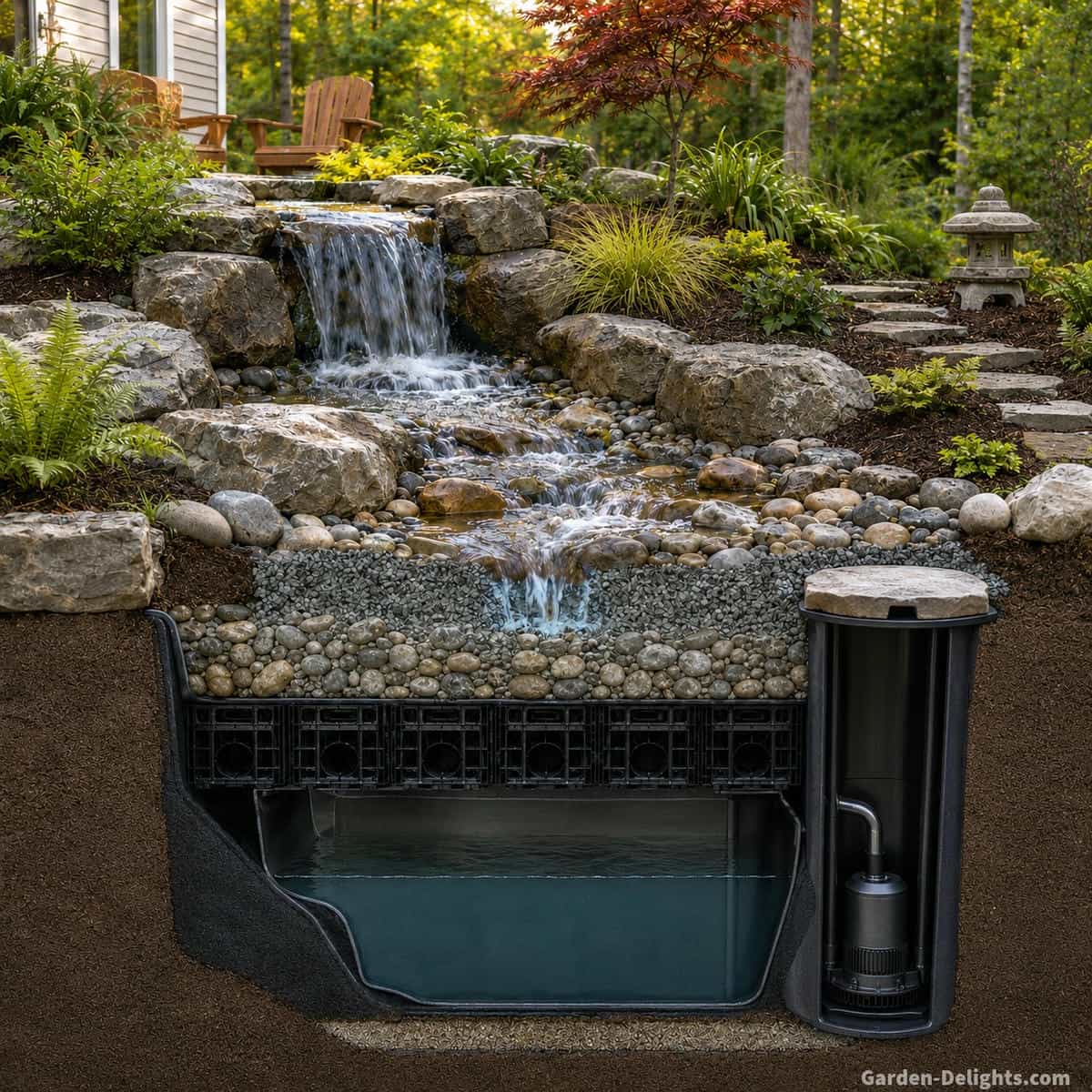 Pondless fountain system cutaway showing waterfall, stream, underground reservoir, pump vault, plumbing and concealed water return