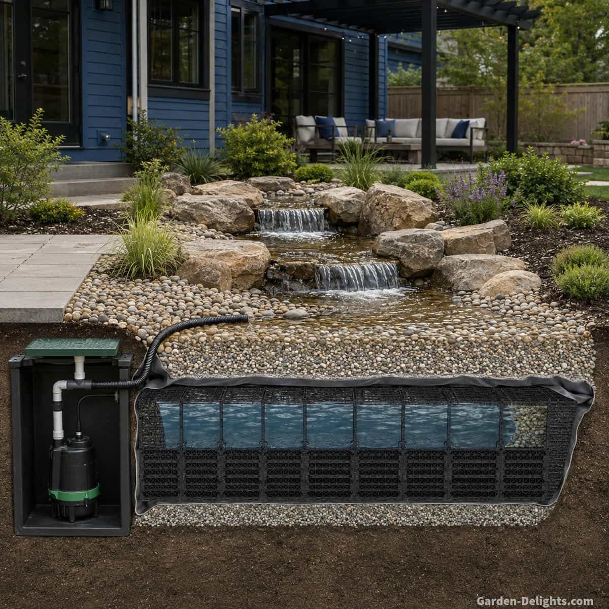 Pondless waterfall reservoir cutaway showing water disappearing through gravel into underground reservoir blocks with concealed water storage, separate pump vault, submersible pump and recirculating plumbing