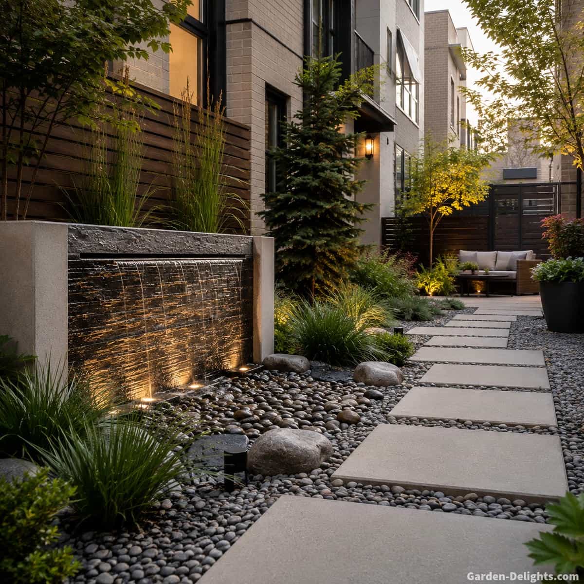 Modern pondless architectural fountain with concealed reservoir landscaped with open gravel, large stepping stones, ornamental grasses, low groundcovers and restrained planting beside a townhouse courtyard
