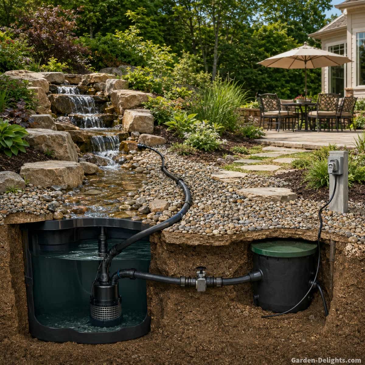 Pondless waterfall system showing hidden submersible pump, pump vault, flexible plumbing, flow control, electrical power connection and water delivery to a natural stone backyard waterfall
