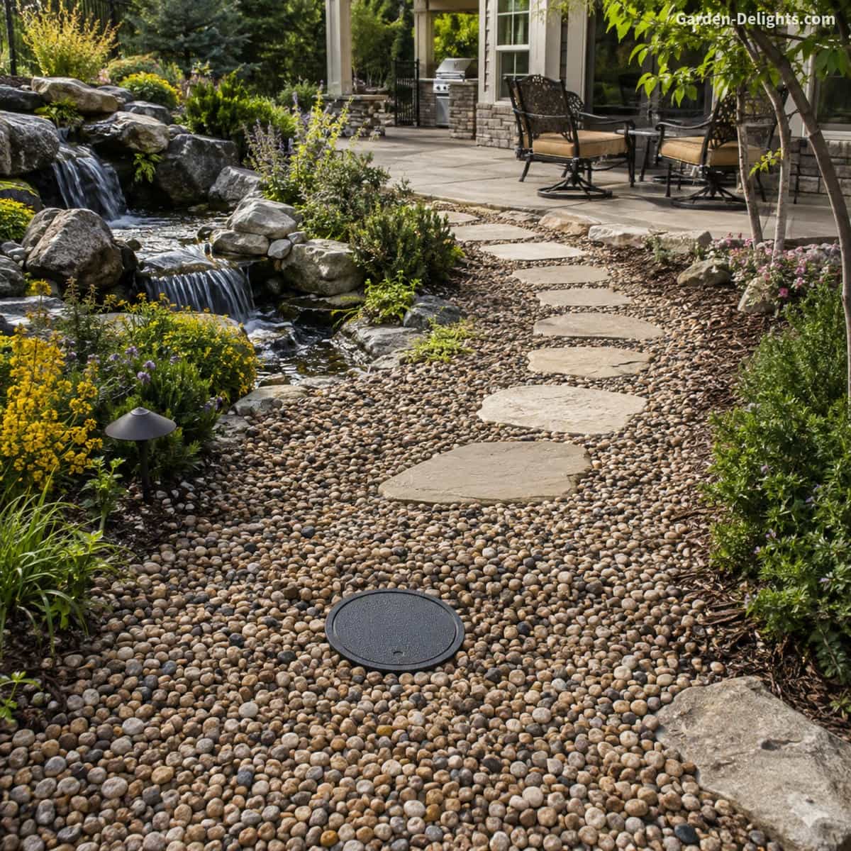 Pondless waterfall reservoir beside a garden pathway showing a concealed pump vault access point beneath decorative gravel with nearby patio seating and realistic residential landscaping