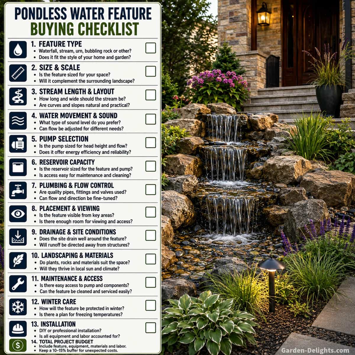 Pondless fountain planning checklist covering water feature form, yard size, waterfall scale, pump, reservoir, placement, drainage and maintenance