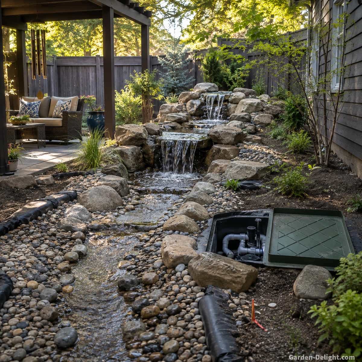 Pondless waterfall being tested before final landscaping with several natural stone cascades, short stream, gravel collection area, visible pump access and unfinished planting beside a realistic backyard patio