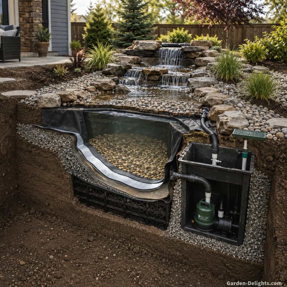 Pondless waterfall installation cutaway showing upper spillway, streambed, liner, underlayment, hidden reservoir, support structure, pump vault, plumbing, gravel collection area and surrounding landscape grade