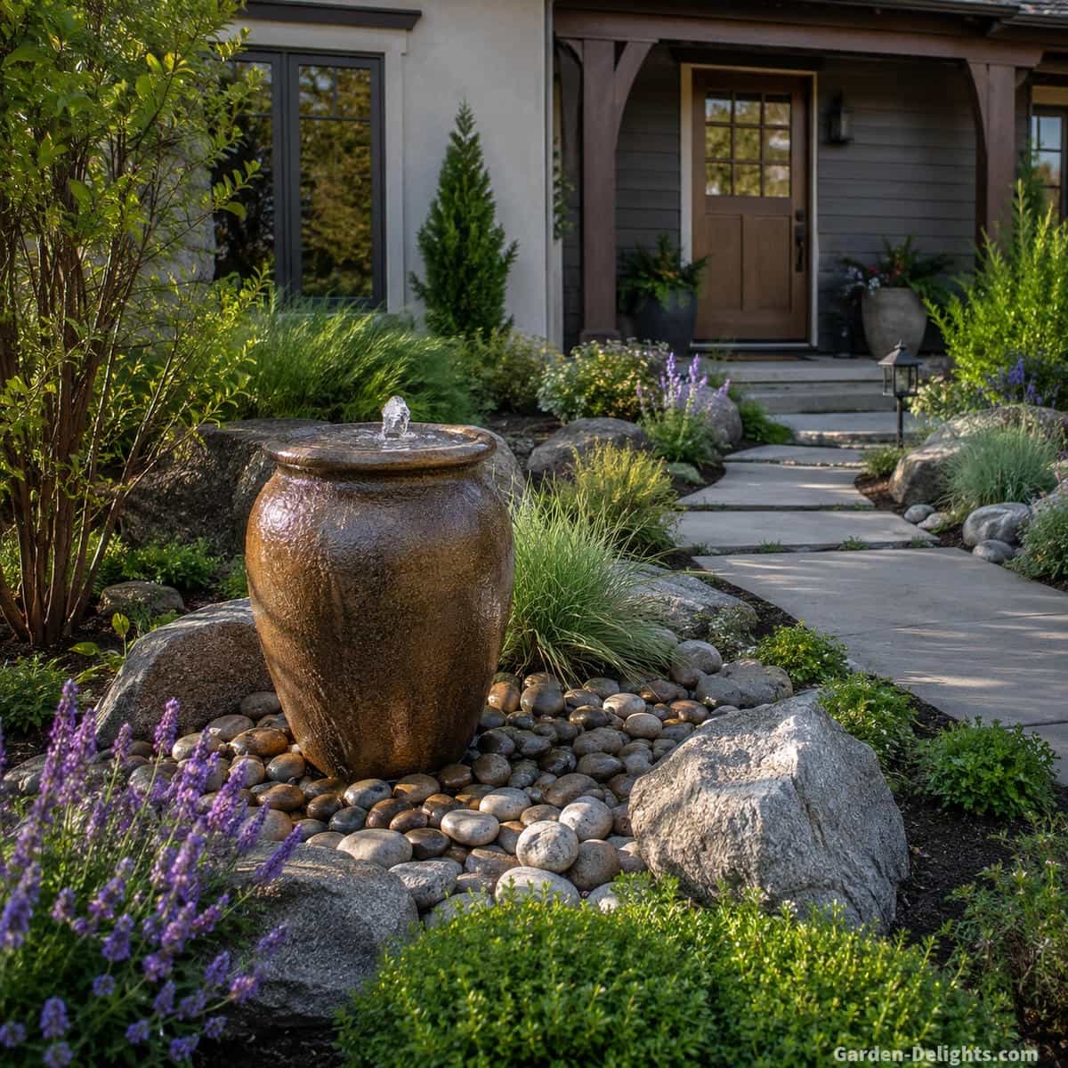 Disappearing urn pondless water fountain beside a front entrance walkway with natural stone, ornamental grasses, shrubs, river rock and restrained landscaping at a middle class suburban home