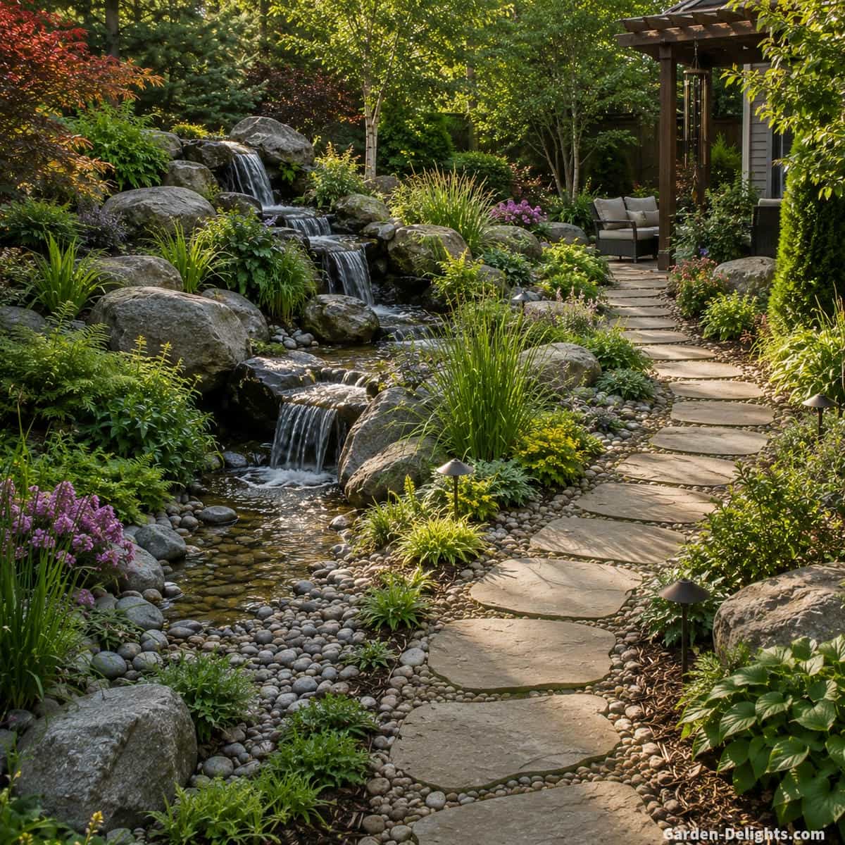 Landscaped pondless waterfall and disappearing stream with river rock, boulders, grasses, ferns, groundcovers and curved stepping stone path