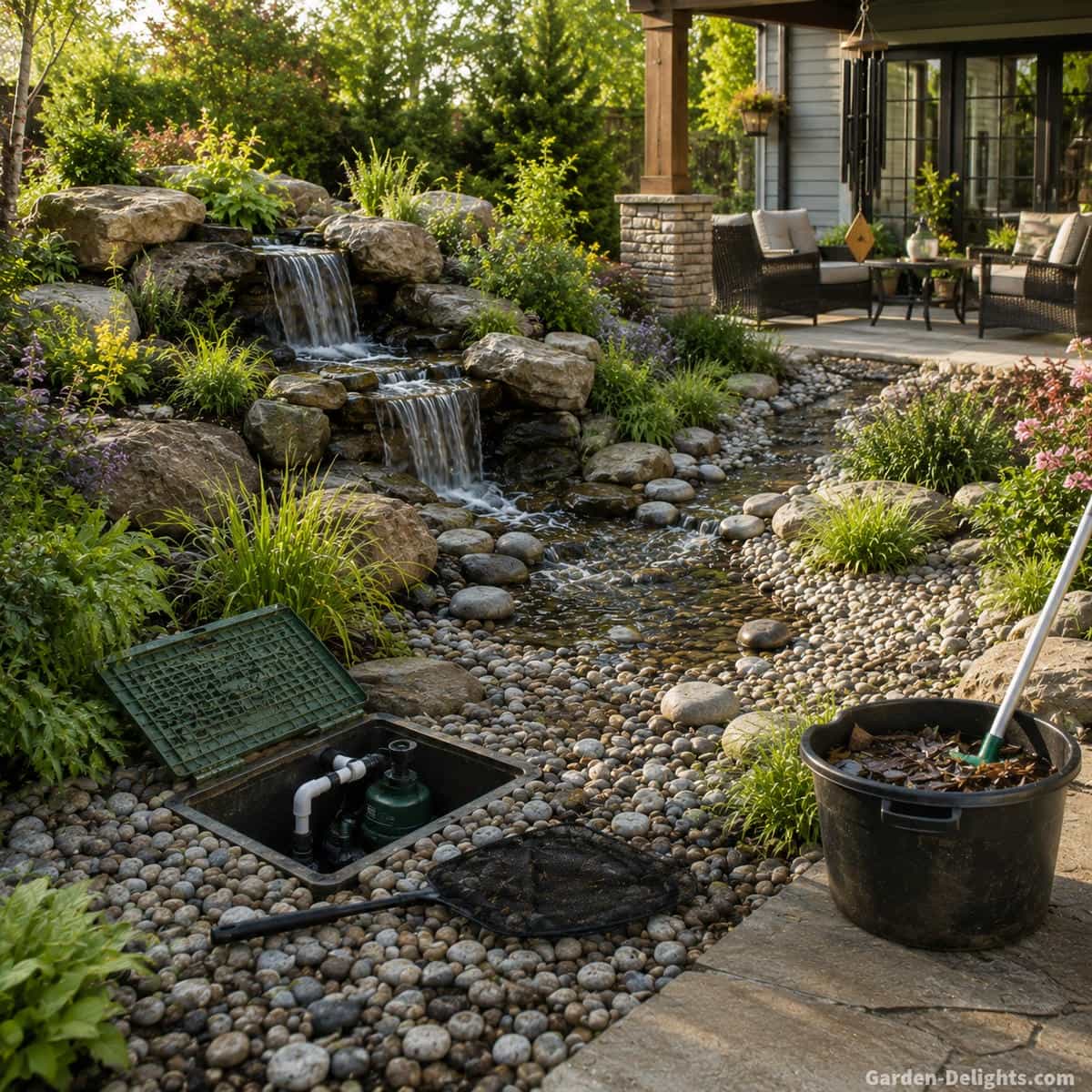 Pondless waterfall maintenance showing clear stone cascades, short stream, gravel collection area, accessible pump vault, clean reservoir return zone and leaf removal beside a realistic backyard patio