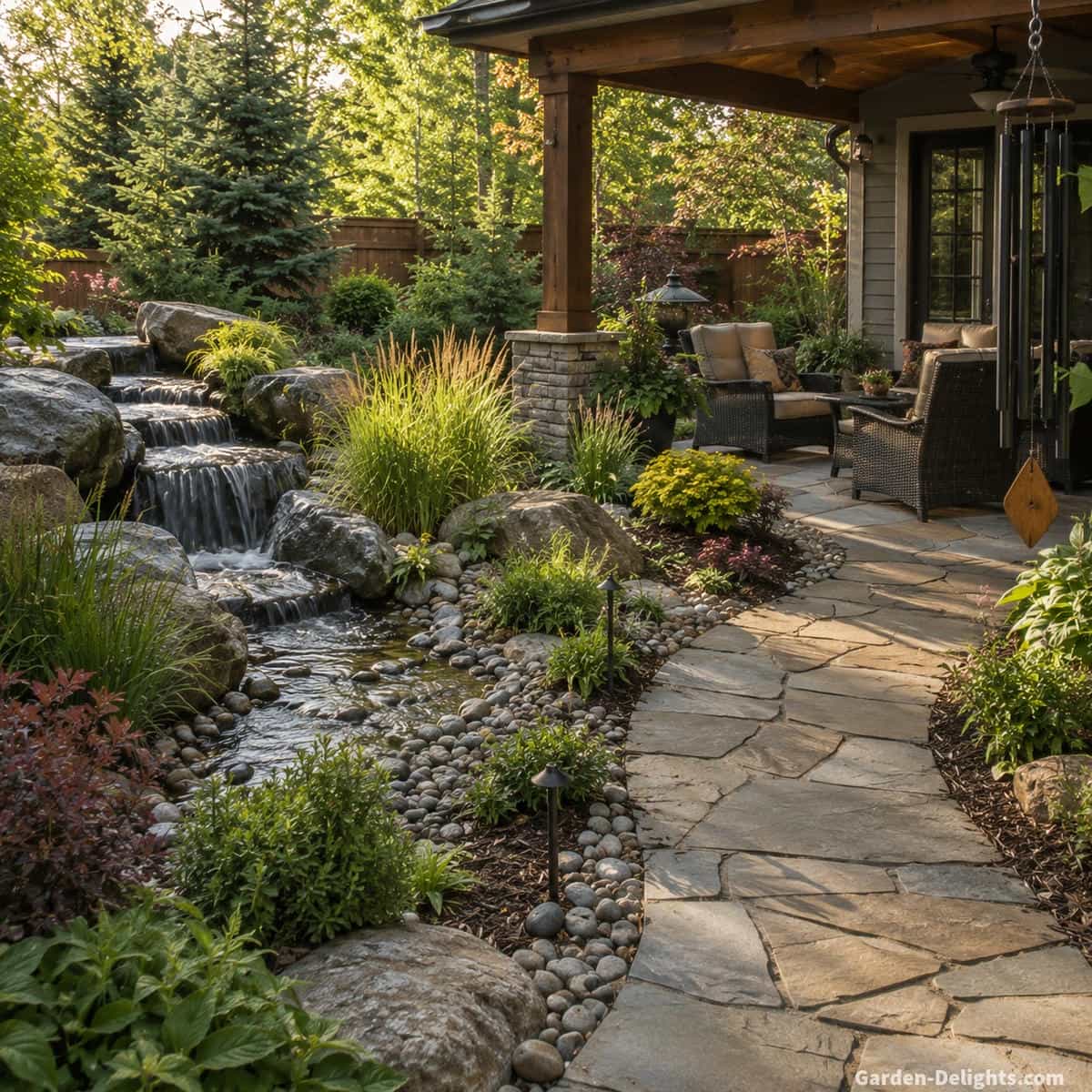Backyard pondless waterfall positioned beside patio seating and curved garden pathway with natural stone, grasses and open viewing space