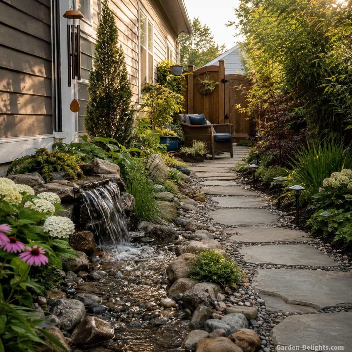 Compact pondless waterfall and disappearing stream in a realistic suburban side yard with stepping stone pathway, gravel return area, restrained shrubs, ornamental grasses and clear maintenance access