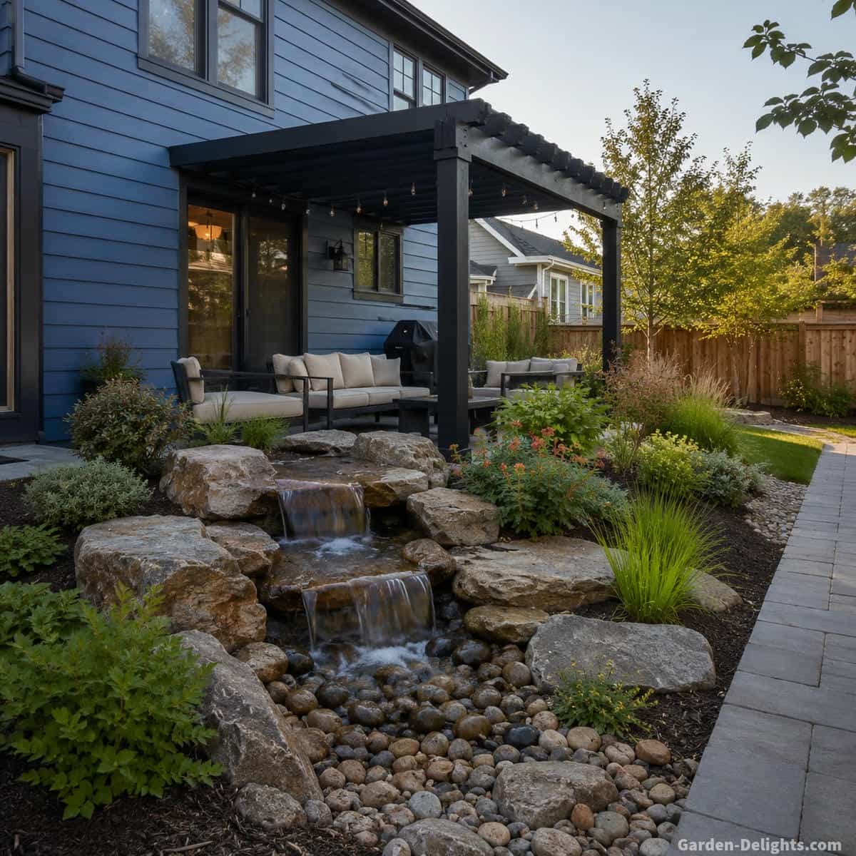Medium size pondless waterfall with several natural stone cascades and a short disappearing stream scaled to a realistic suburban backyard with pergola seating, garden pathway and restrained landscaping
