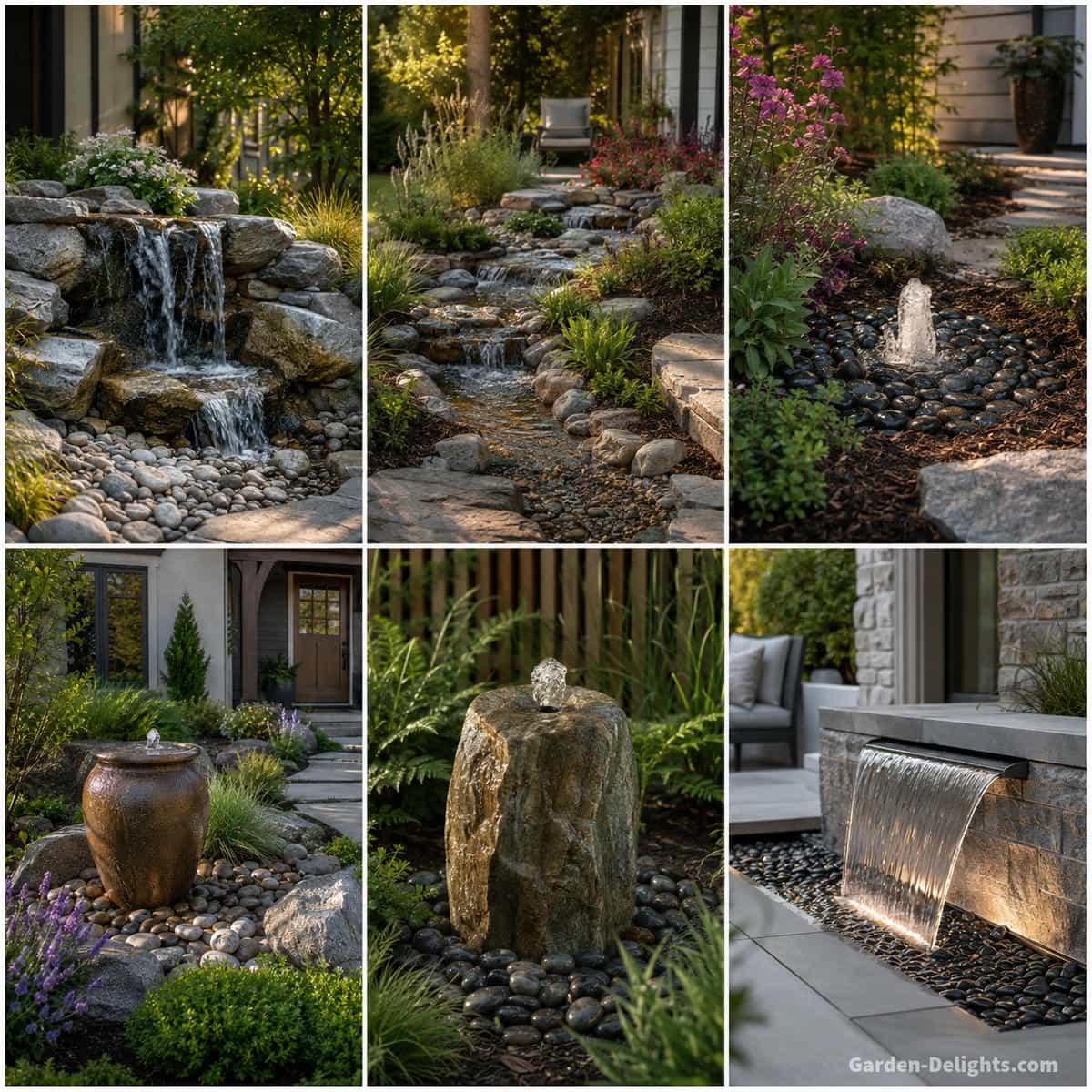Comparison of pondless waterfall, stream, disappearing fountain, urn, bubbling rock and architectural water feature designs