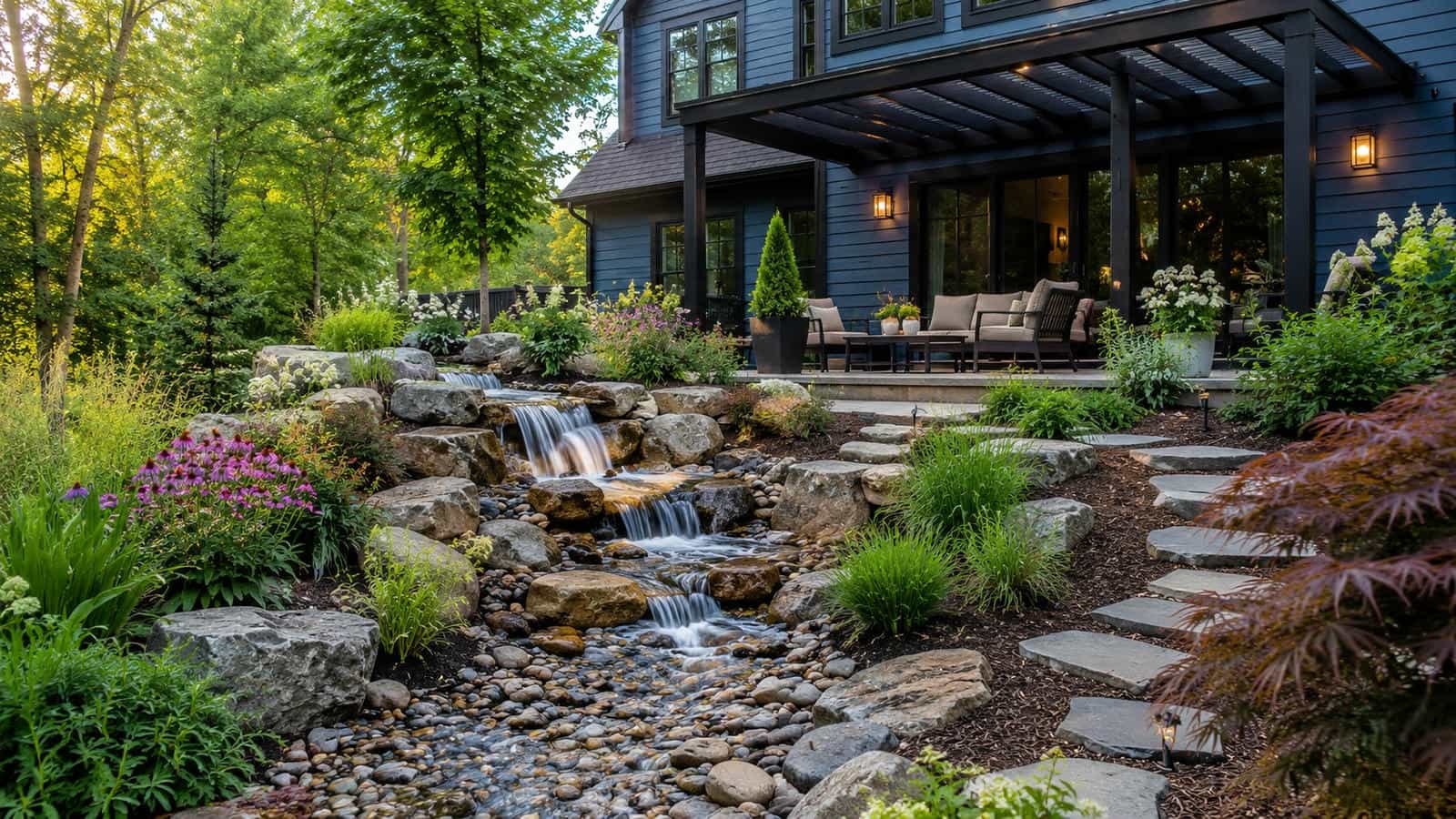 Natural pondless waterfall flowing through a short stone stream before disappearing into river rock beside a pergola, patio seating, ornamental grasses and a realistic suburban backyard