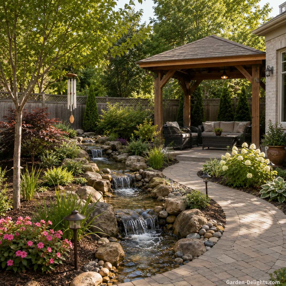 Natural stone pondless waterfall beside gazebo seating showing layered cascades, water movement, sound and controlled splash in a backyard