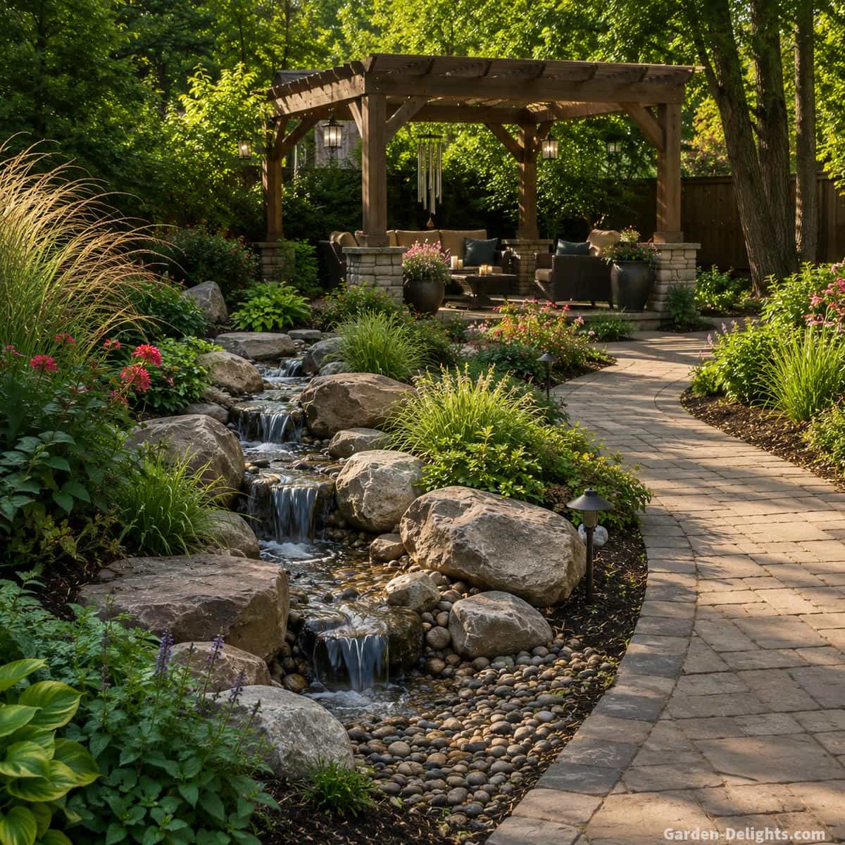 Natural pondless waterfall flowing through several stone cascades and a short disappearing stream beside a curved garden pathway, wooden gazebo, river rock, ornamental grasses and shrubs