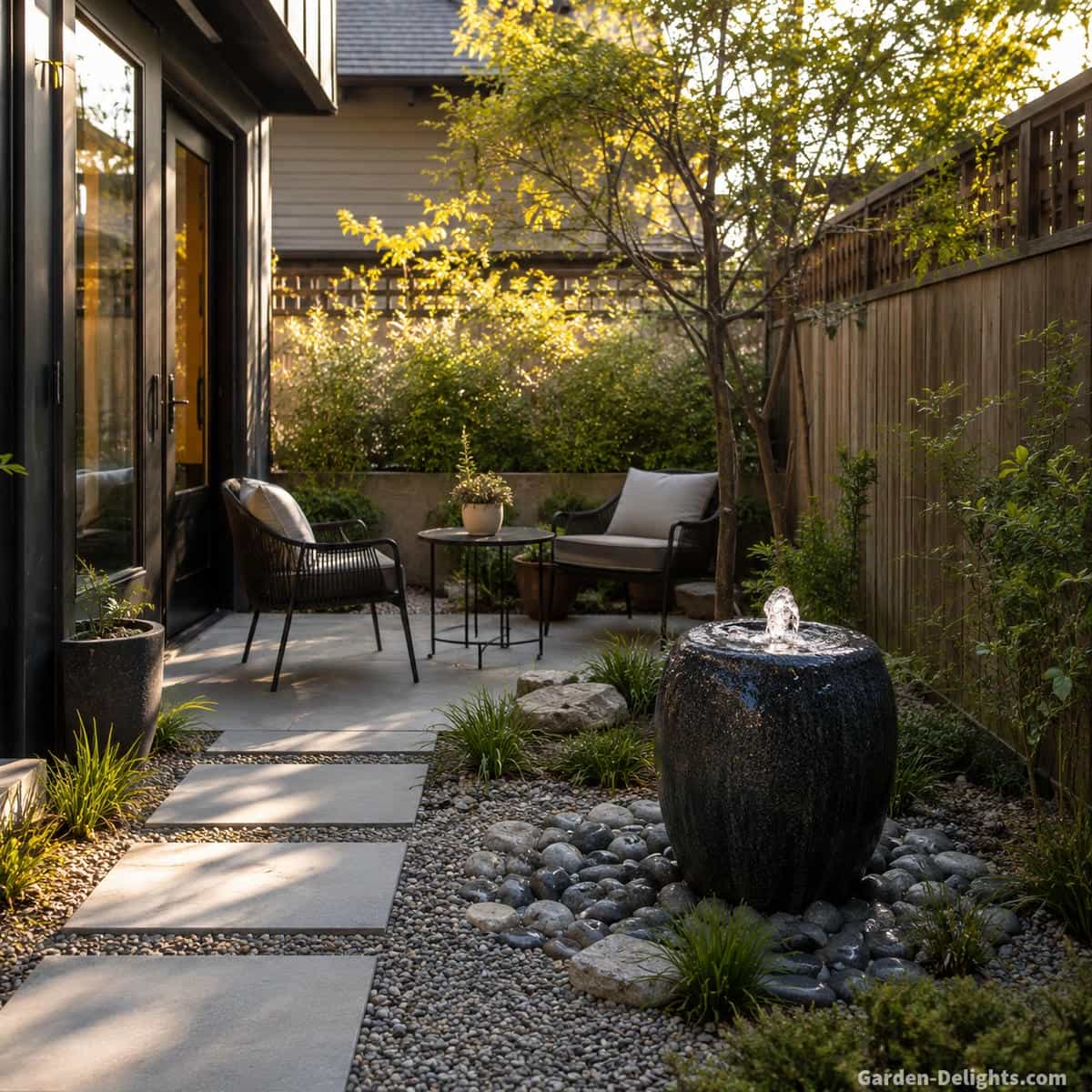 Compact disappearing urn pondless fountain scaled to a small townhouse patio garden with gravel, stepping stones, ornamental grasses, low planting and comfortable seating