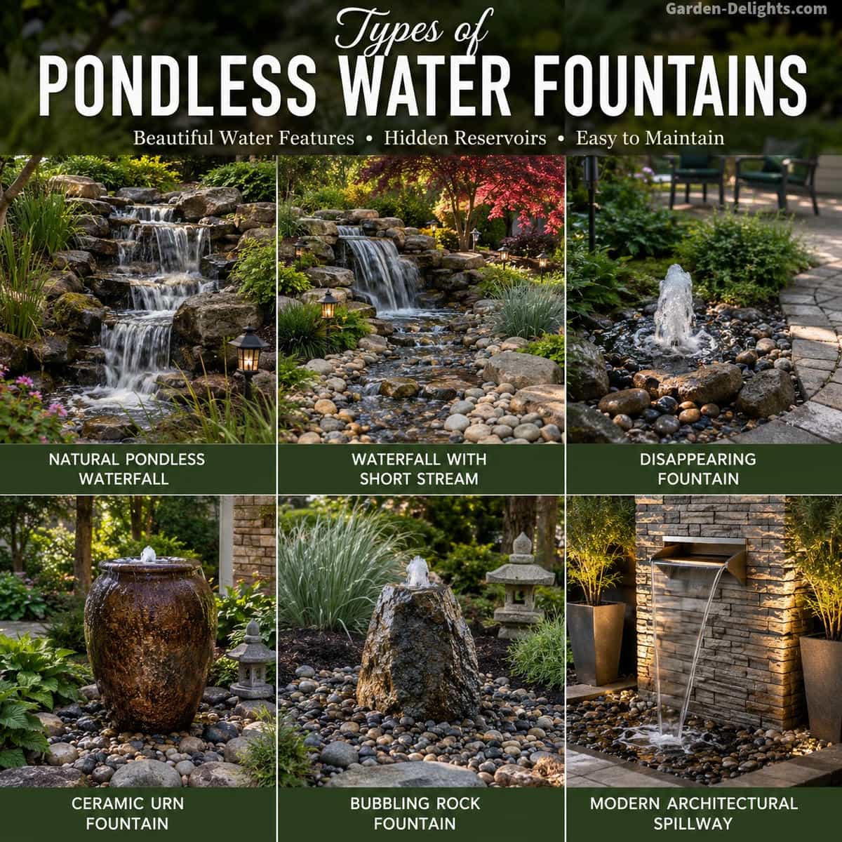 Types of pondless water features showing a natural pondless waterfall, waterfall with short stream, disappearing fountain, ceramic urn fountain, bubbling rock and modern architectural spillway
