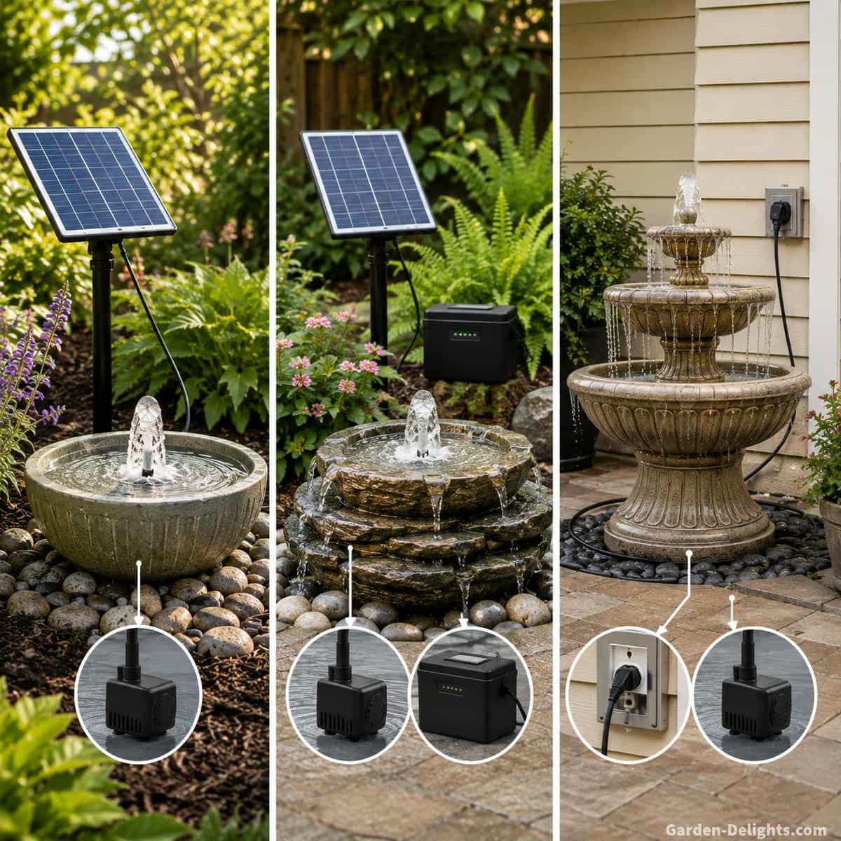 Educational comparison showing a direct solar water fountain powered from a solar panel, a battery solar fountain with rechargeable energy storage and an electric fountain pump connected to outdoor electrical power