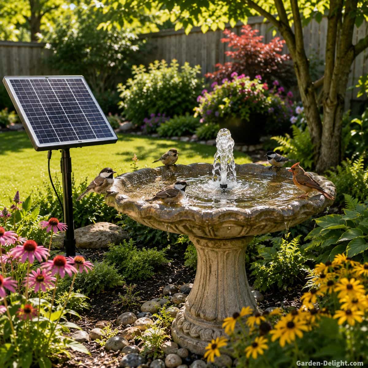 Sunny residential garden birdbath fountain with small birds using moving water and a separate solar panel positioned nearby, illustrating solar fountain placement for backyard wildlife