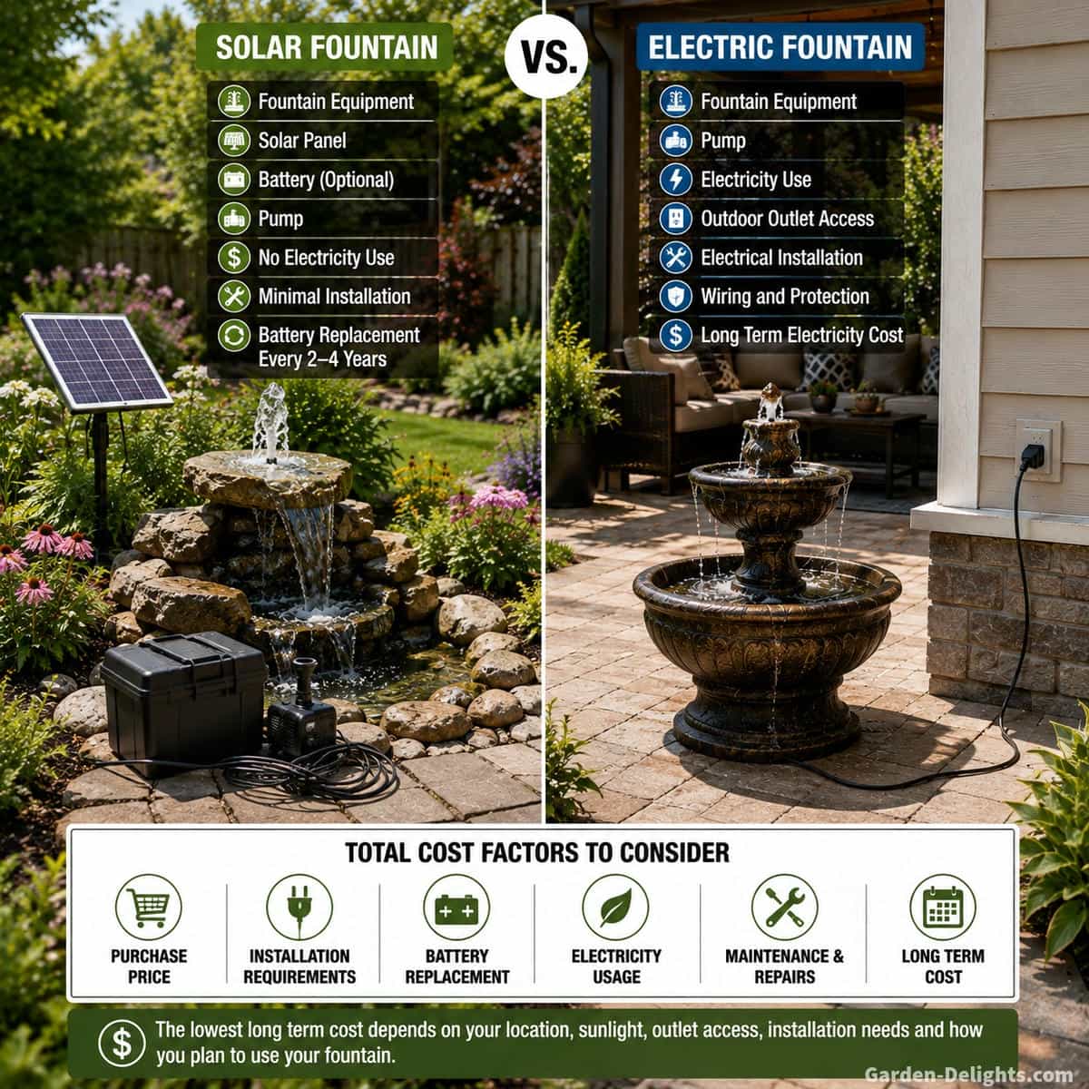 Residential comparison showing a solar water fountain with panel and battery components beside an electric fountain near an outdoor outlet, illustrating purchase cost, electricity use, battery replacement and installation expenses