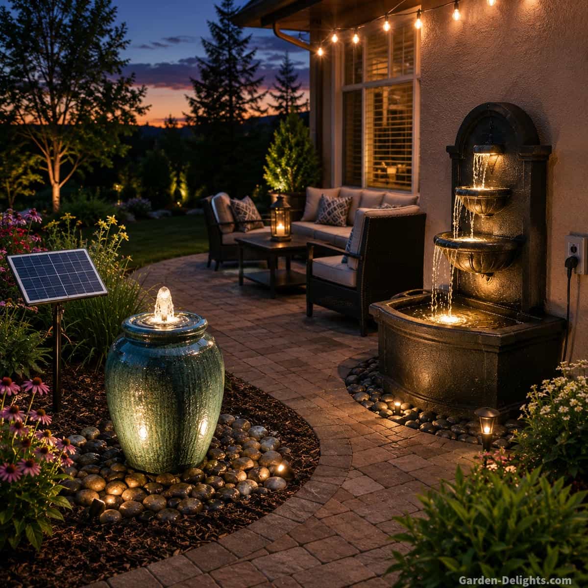 Residential patio at early evening showing an electric water fountain operating beside outdoor seating while a battery solar fountain continues for limited after-sunset use, illustrating nighttime fountain operation and runtime differences
