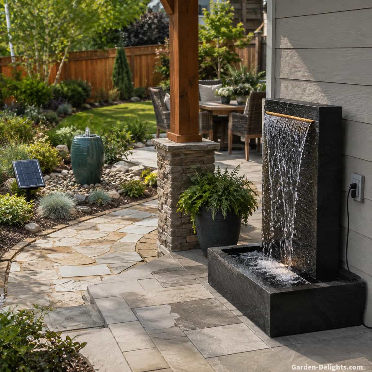 Residential backyard showing a solar water fountain in a remote sunny garden bed with a separate solar panel and an electric fountain near a patio with protected outdoor electrical access and carefully planned cord routing