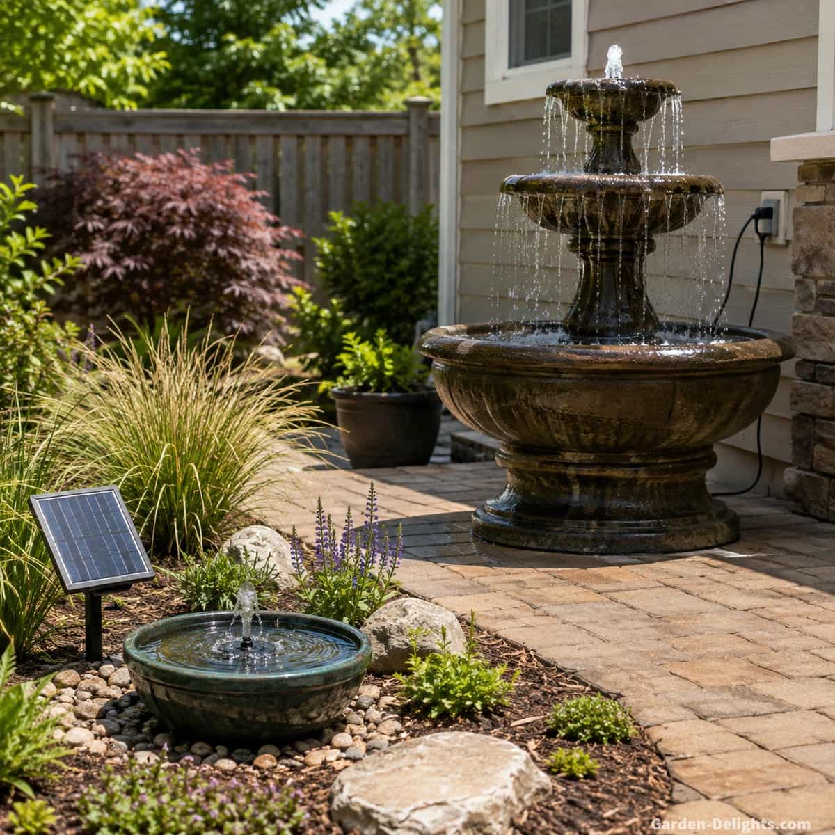 Residential garden comparison showing a smaller solar water fountain with changing water flow and a larger electric fountain producing stronger steady circulation and greater water lift