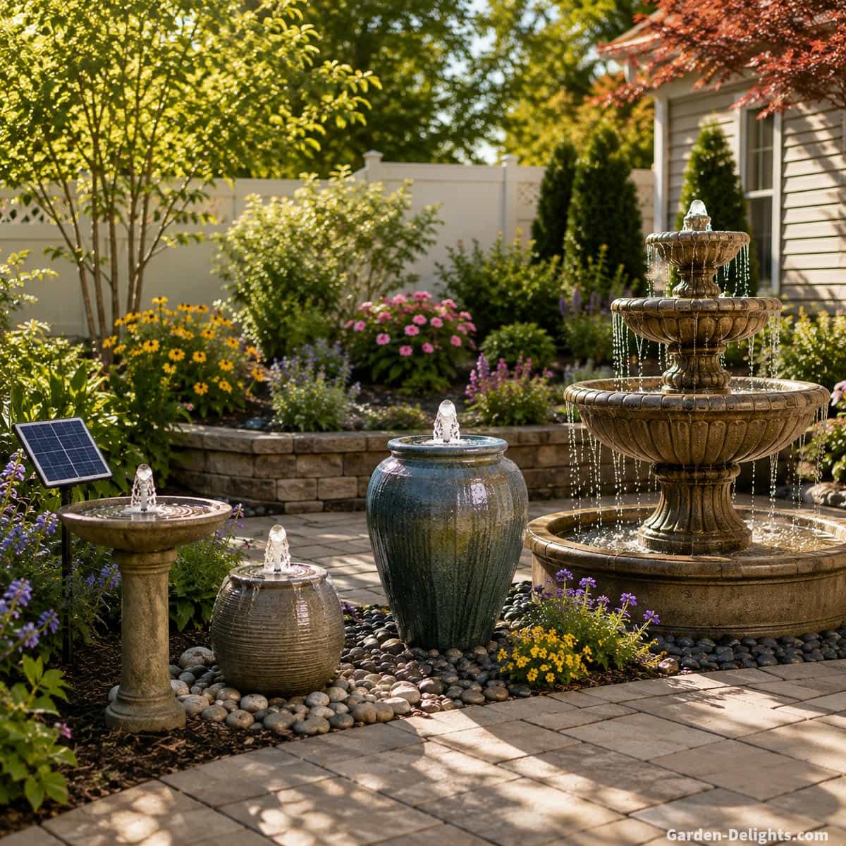 Residential garden showing a small solar birdbath fountain, bubbling accent fountain, medium urn fountain and larger electric tiered fountain to compare power needs by fountain size and type