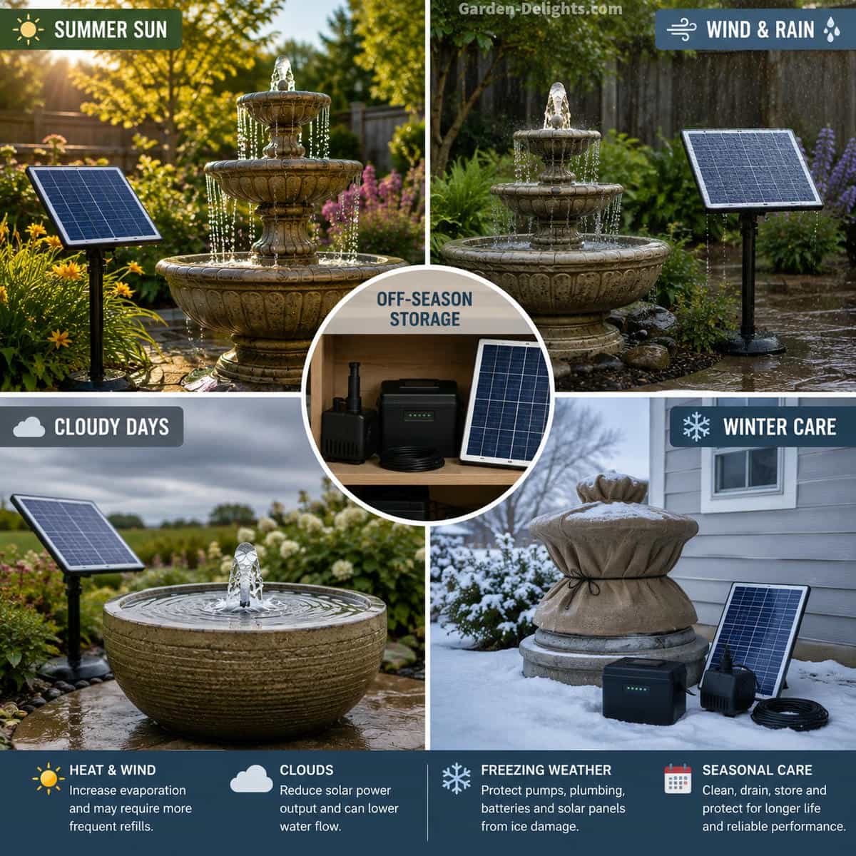 Seasonal outdoor fountain scene showing summer sun, wind, cloudy weather and a winterized garden fountain with protected pump, solar panel and battery components