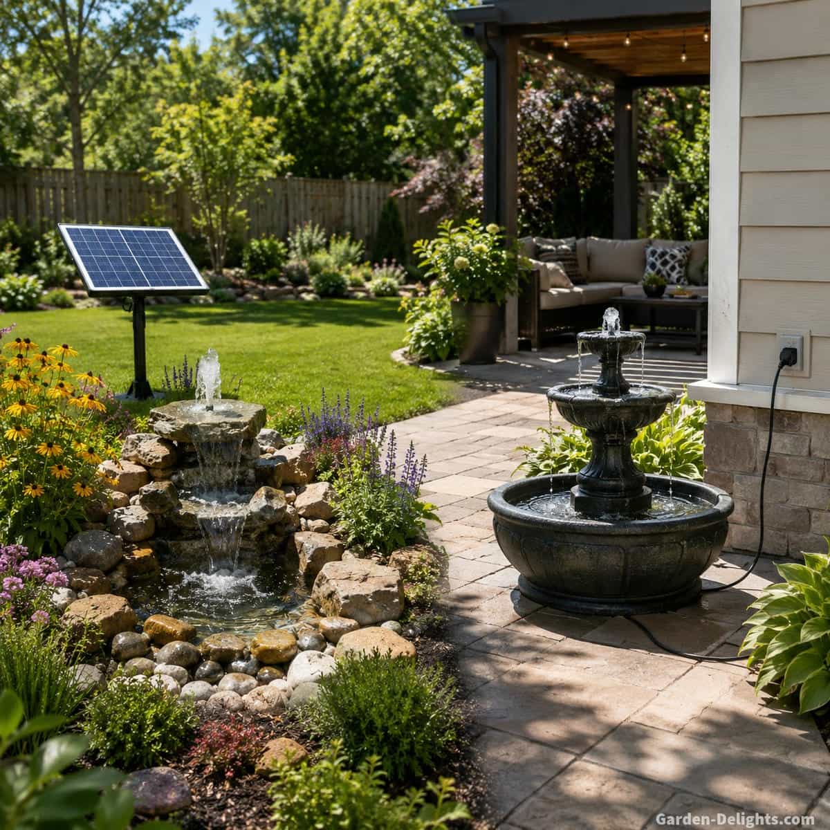 Residential backyard showing a solar water fountain in a sunny remote garden area with a separate solar panel and an electric fountain near a shaded patio with outdoor electrical access, illustrating how sunlight, outlet location and fountain placement affect the best power source
