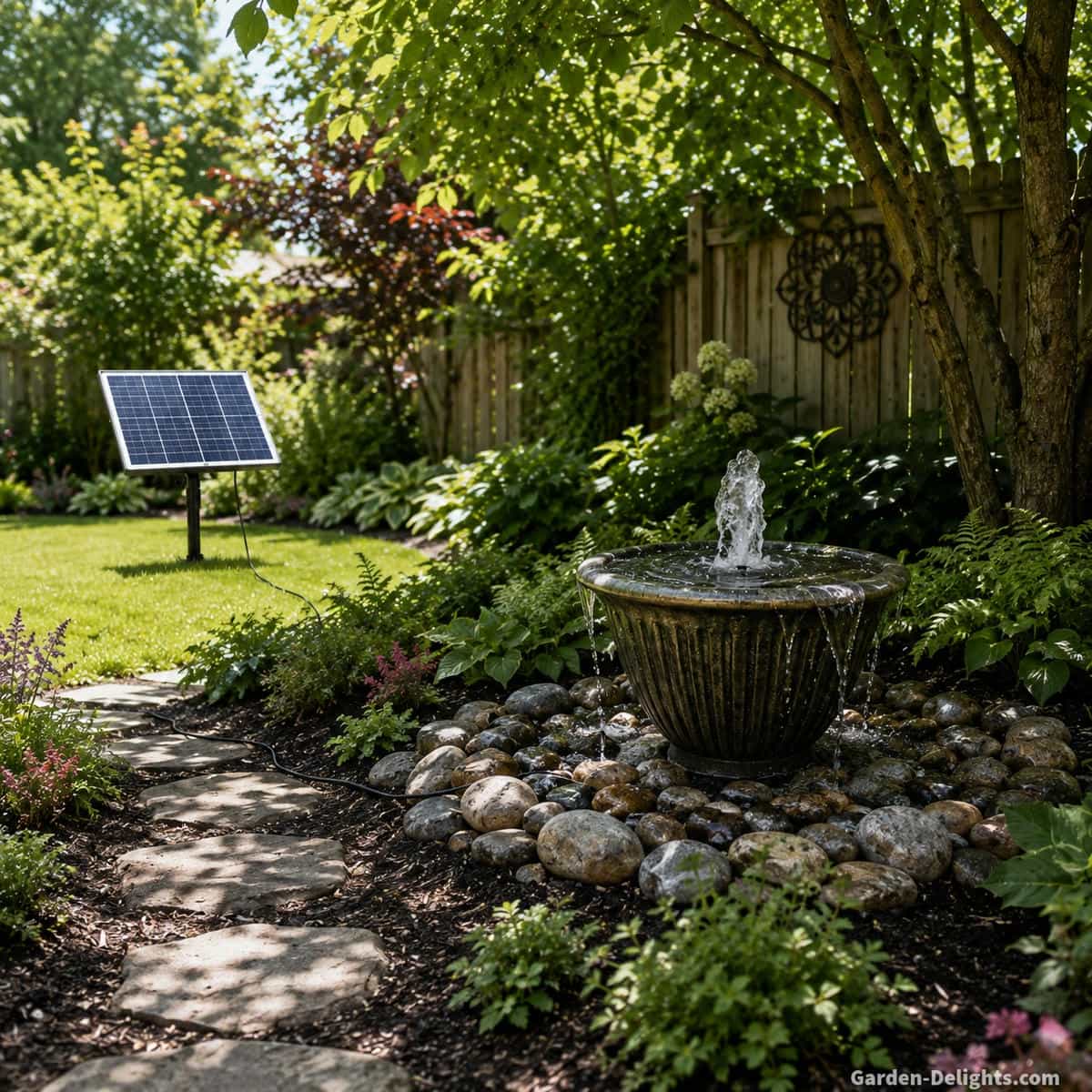 Residential garden showing a solar water fountain in partial shade with a separate solar panel positioned several feet away in direct sunlight to improve solar pump performance