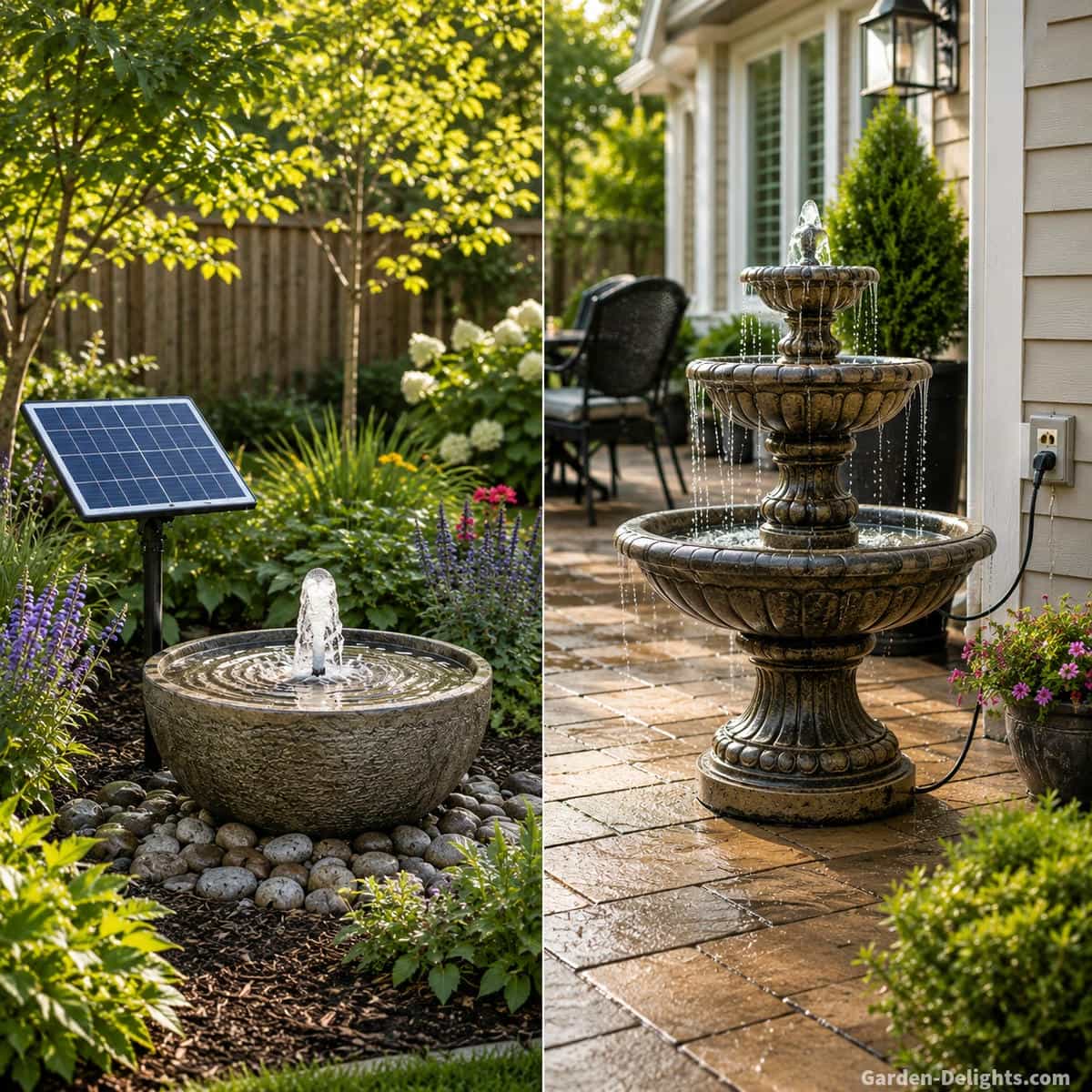 Side by side residential garden comparison showing a small solar water fountain with separate solar panel in a sunny landscape bed and an electric tiered fountain near a protected outdoor outlet with steady water flow