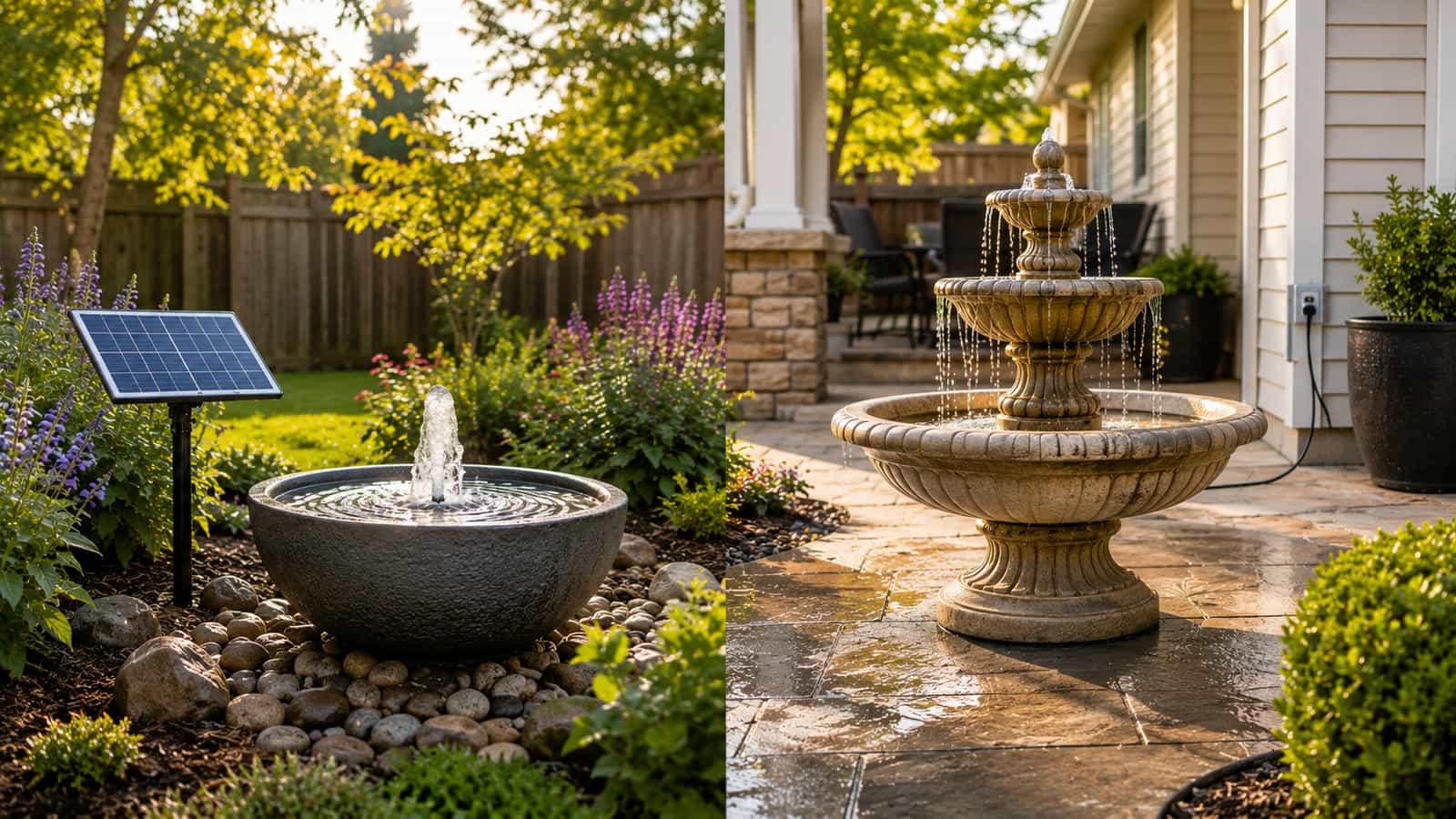 Residential garden showing a solar powered water fountain with separate solar panel and an electric water fountain near an outdoor power source, comparing sunlight, placement freedom, pump performance and dependable water flow