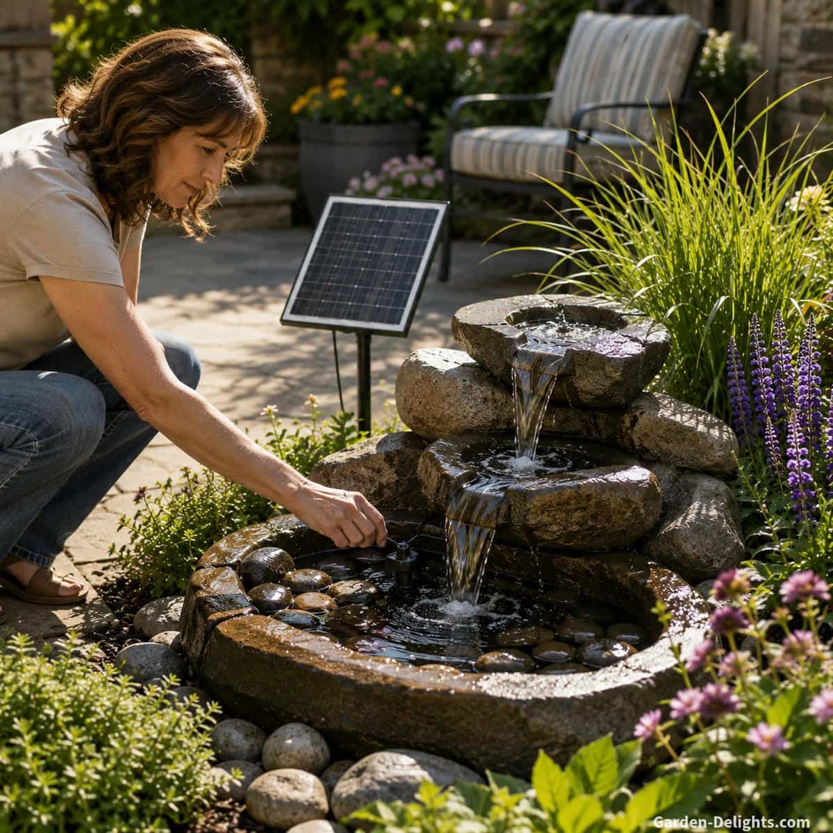 Homeowner adjusting the flow of a small solar cascading fountain beside a stone patio with the photovoltaic panel in direct sunlight, smooth river rock, ornamental grasses and gentle water movement