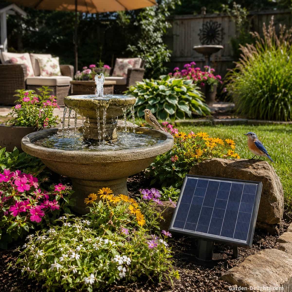 Best solar water fountain in a sunny landscaped backyard with a separate photovoltaic panel, gentle cascading water, colorful flower beds, patio seating, visiting birds and open access for cleaning, refilling and seasonal maintenance