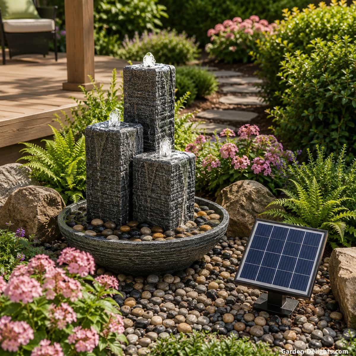 Solar bubbling rock fountain with a separate photovoltaic panel receiving direct sunlight among natural boulders, ferns, flowering groundcovers, evergreen shrubs and a quiet garden path, showing how solar fountain form, pump strength and panel placement create gentle water movement