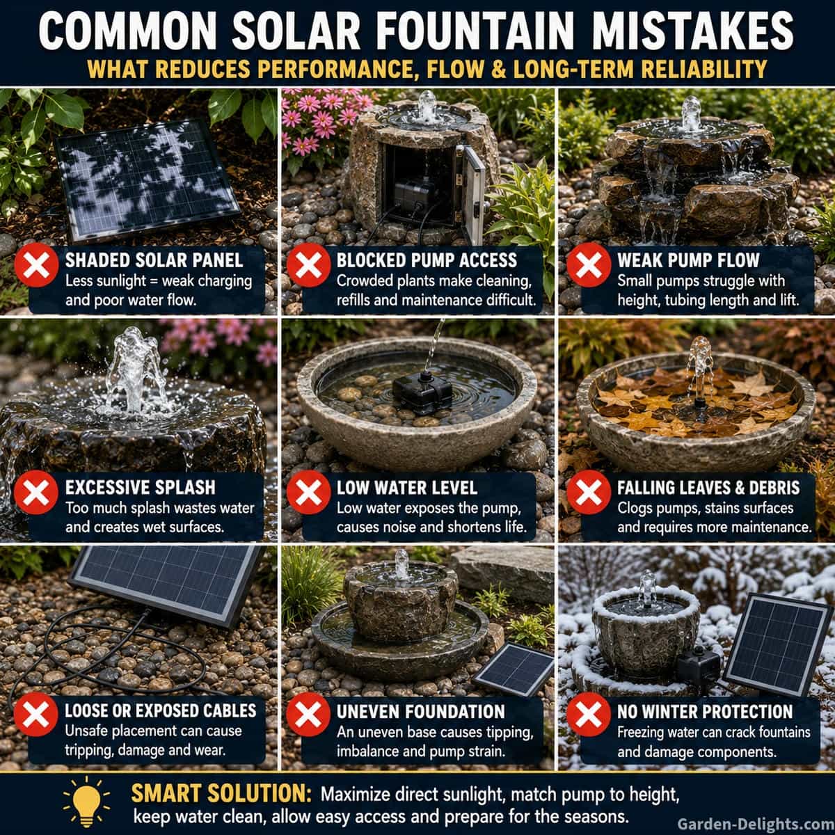 Solar water fountain showing common mistakes including a shaded photovoltaic panel, blocked pump access, weak water flow, excessive splash, low water, falling leaves, loose cables and an uneven foundation