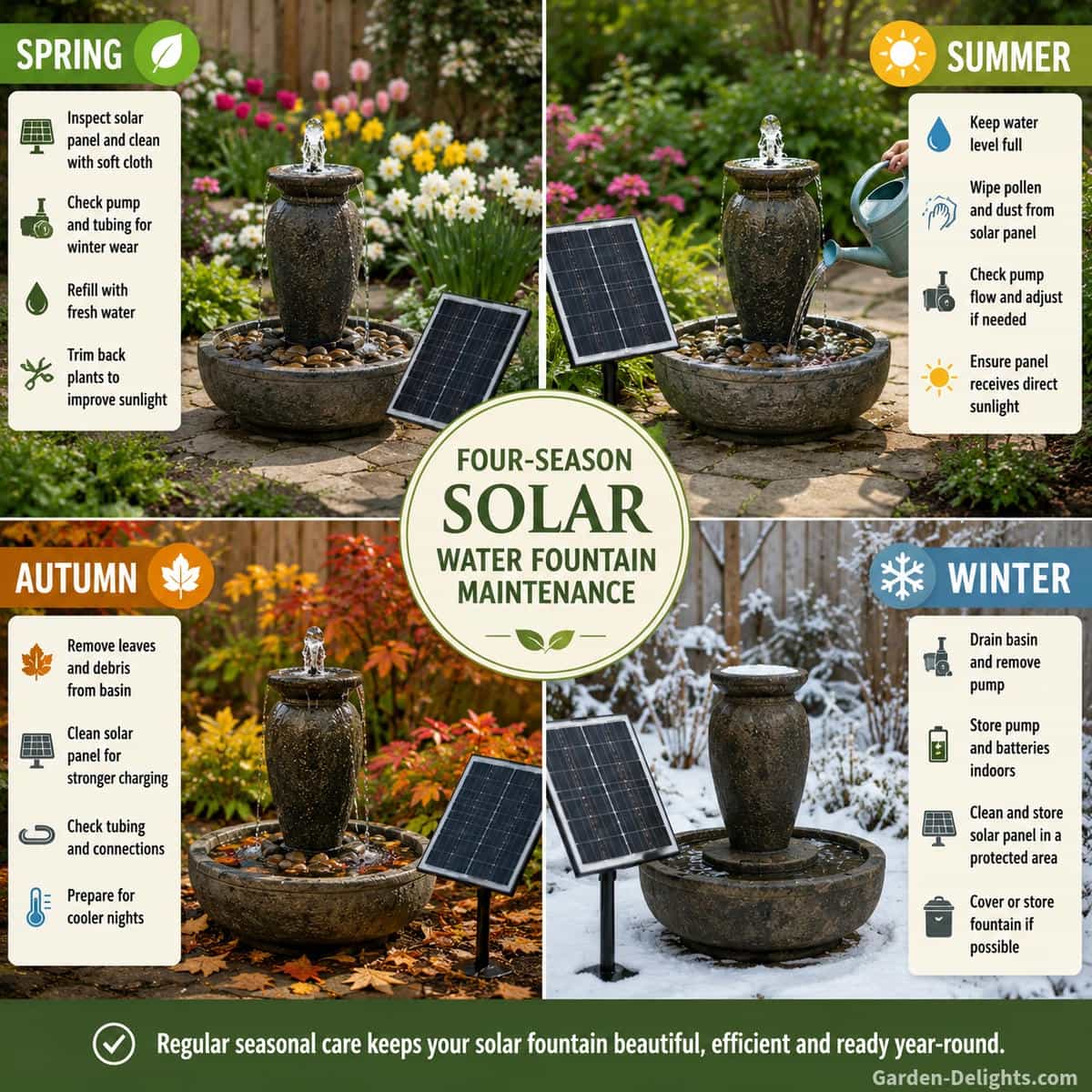 Four-season solar water fountain maintenance infographic showing spring panel and pump inspection, summer water refilling, autumn leaf removal and winter battery storage around the same outdoor solar fountain