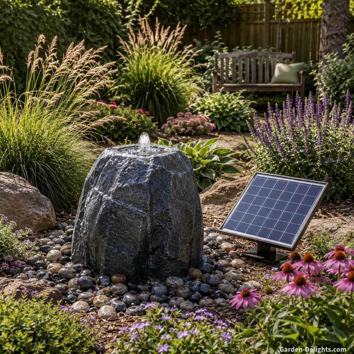 Solar bubbling rock fountain with a clean remote photovoltaic panel, steady water flow, mature ornamental grasses, flowering perennials, evergreen shrubs, an open maintenance route and a quiet backyard bench