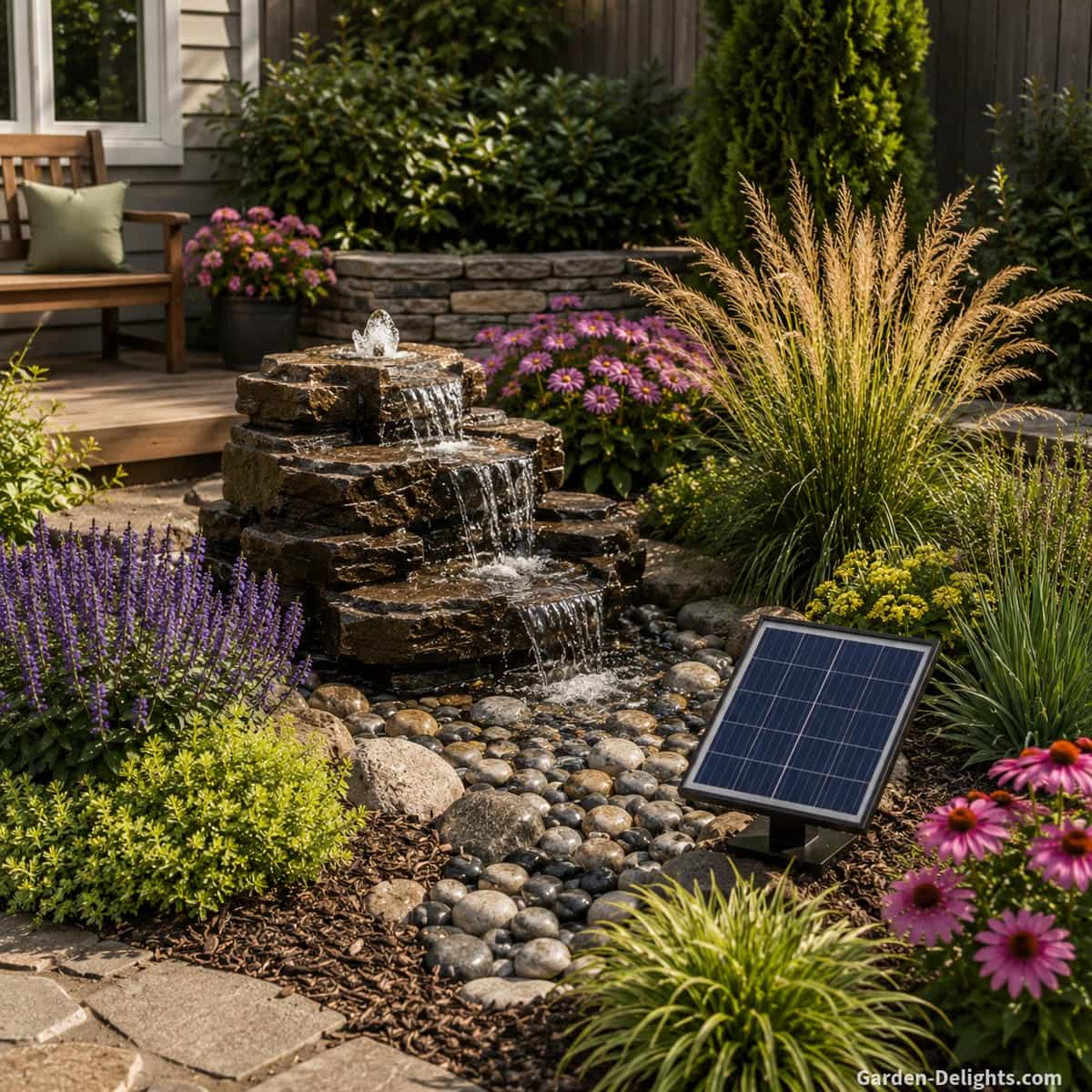Solar cascading rock fountain with a remote photovoltaic panel, layered stone ledges, river rock, ornamental grasses, flowering perennials and evergreen shrubs showing how plants and landscape surfaces soften outdoor water sound