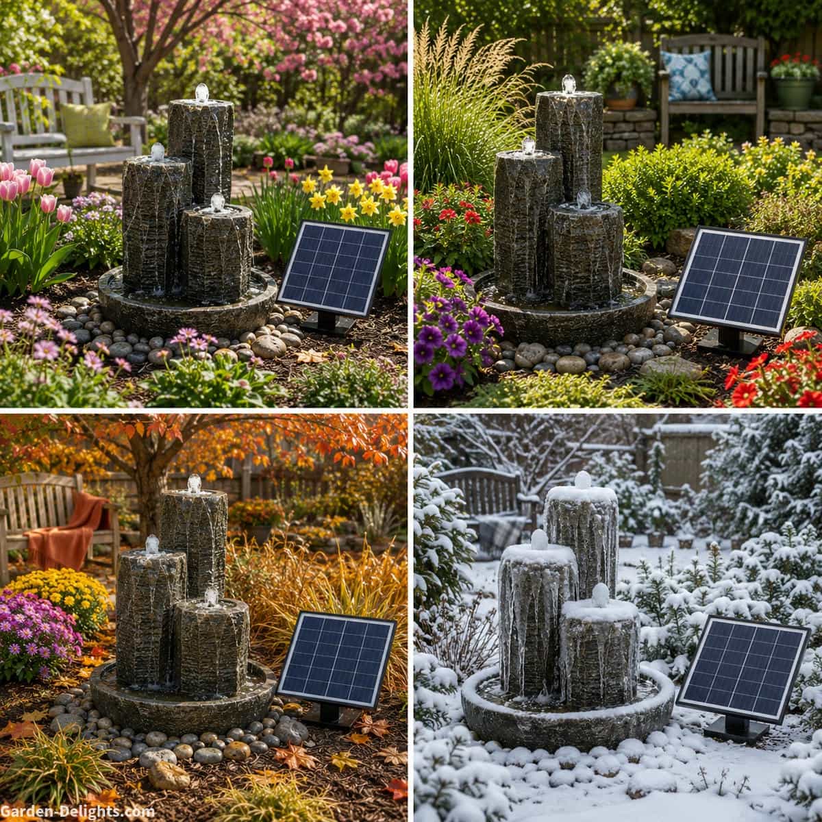 Four-season solar water fountain comparison showing spring flowers, strong summer sunlight, autumn leaves and a snow-covered winter garden around the same fountain with a separate photovoltaic panel