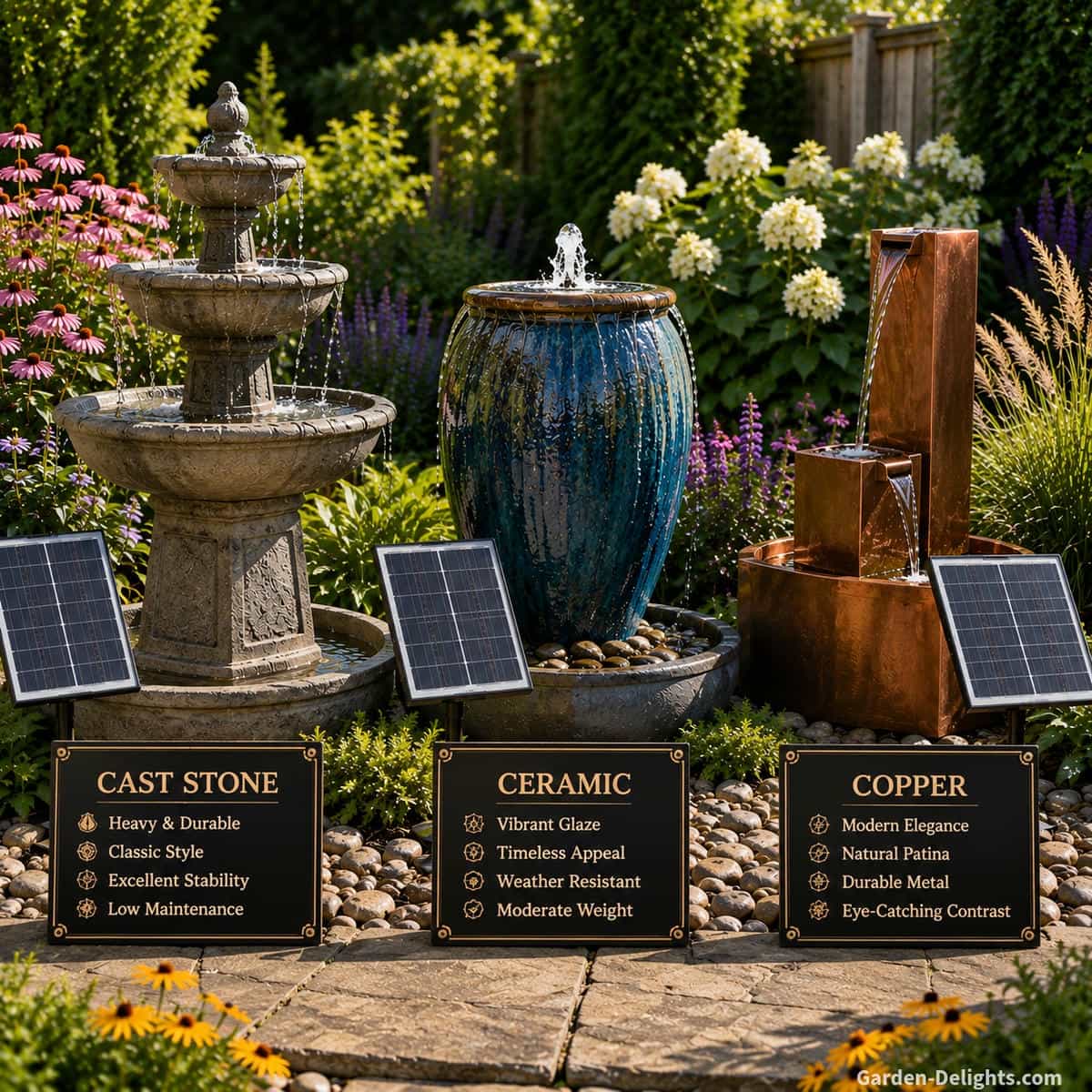 Outdoor display comparing a solar cast stone tiered fountain, glazed ceramic solar urn fountain and modern copper solar water feature with separate photovoltaic panels, flowering perennials, ornamental grasses and natural stone landscaping