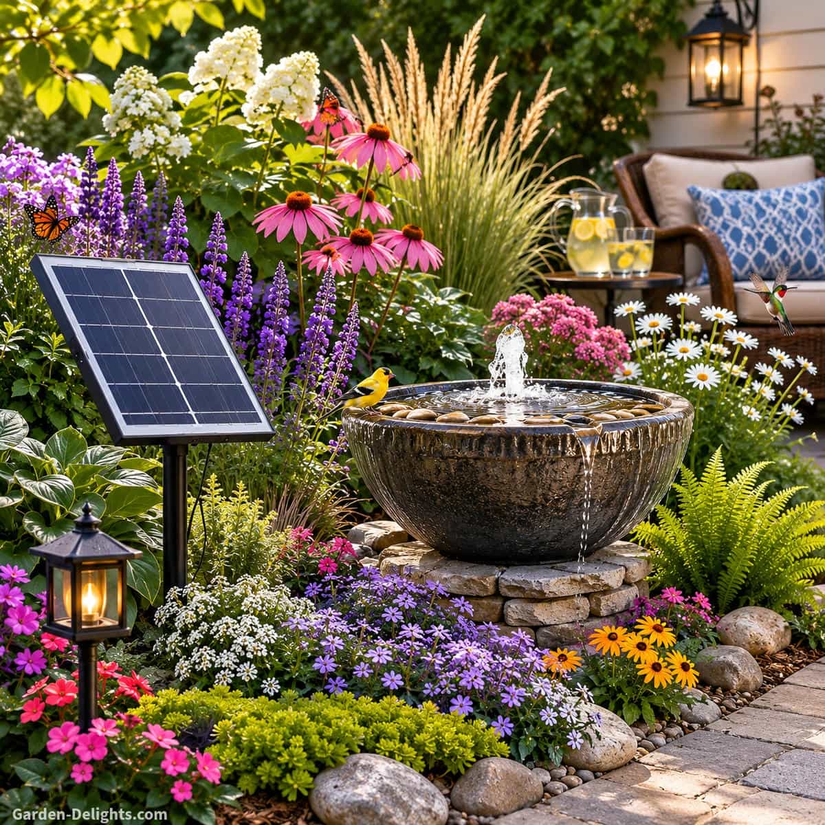 Solar water fountain surrounded by low groundcovers, flowering perennials, ornamental grasses and shrubs arranged by mature height with a separate photovoltaic panel receiving direct sunlight and clear access to the basin and pump