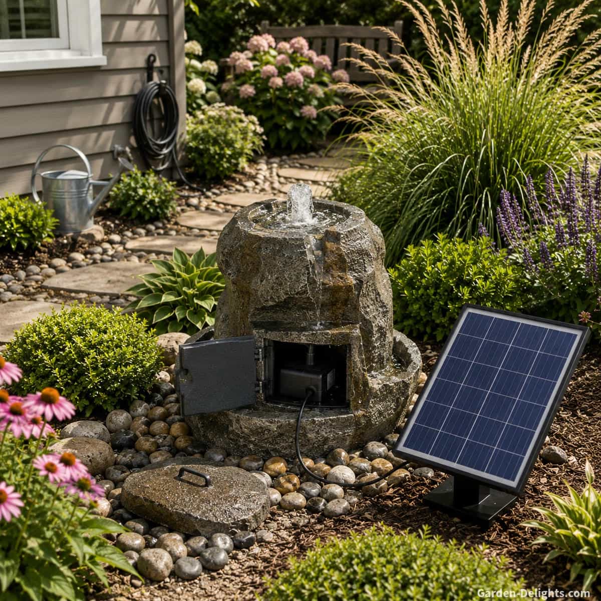 Solar water fountain with a separate photovoltaic panel in direct sunlight, accessible brushless pump compartment, concealed cable route, nearby water source and trimmed plants allowing easy maintenance