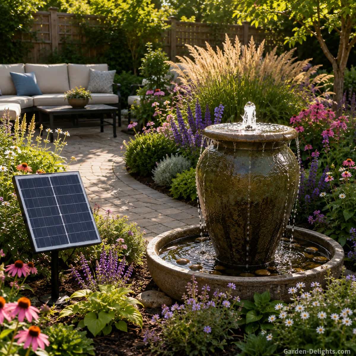 Proportionate solar urn fountain with a separate photovoltaic panel, gentle bubbling water, flowering perennials, ornamental grasses, a curved pathway and nearby seating showing balanced fountain size, pump strength and panel placement