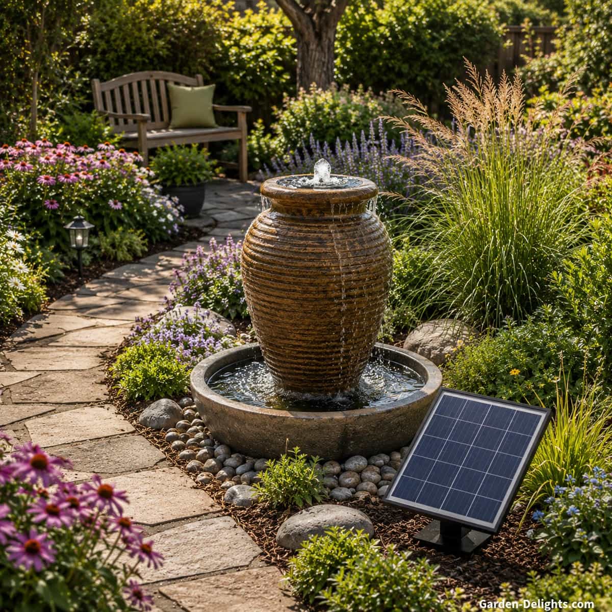 Medium solar urn water fountain with gentle bubbling water, a separate photovoltaic panel in direct sunlight, flowering perennials, ornamental grasses, natural stone and a curved garden path showing balanced fountain size, pump capacity and landscape proportion