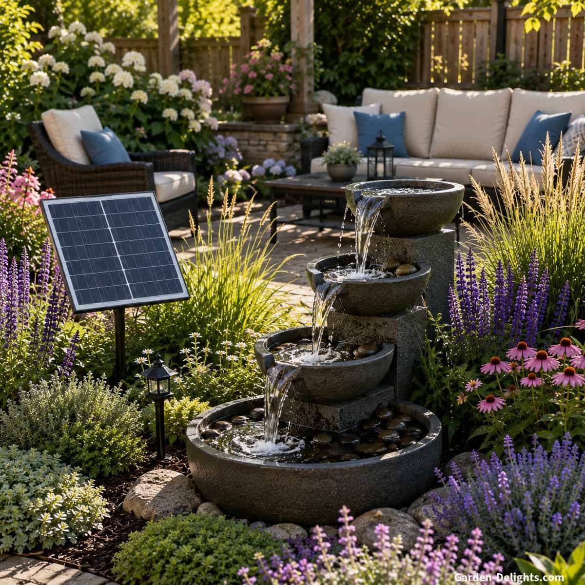 Modern solar cascading water fountain with several stone spillways, a separate photovoltaic panel in direct sunlight, ornamental grasses, flowering plants and comfortable patio seating arranged for relaxing water sound and conversation